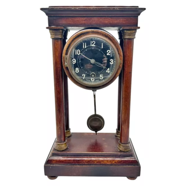 19th / 20th CENTURY SMALL UNUSUAL WOODEN PORTICO MANTLE CLOCK ** BLACK DIAL **