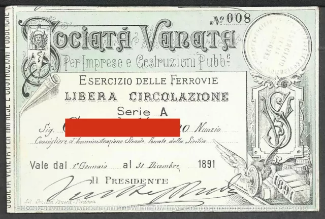 tessera ferroviaria Società Veneta per Imprese e Costruzioni Pubbliche - 1891