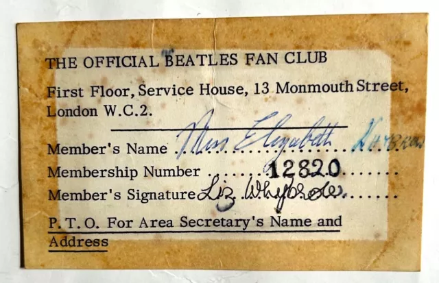Die Beatles. Original Uk Fan Club. Mitgliedskarte. 1963. Miss Bettina Rose. Selten