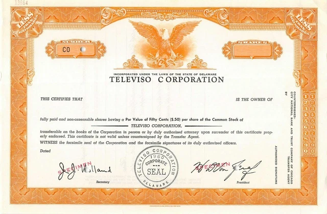 c.1960 TELEVISO CORPORATION Stock Certificate SPECIMEN Aircraft Navigation Radar