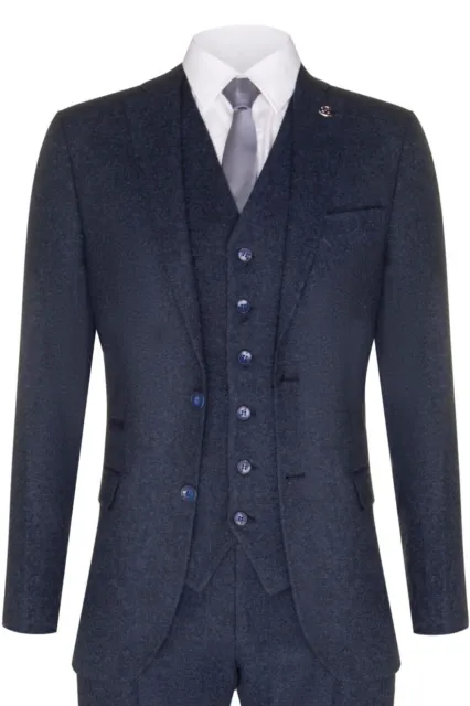 Mens Navy Blue 3 Piece Tweed Wool 1920s Suit Peaky Blinders Classic Tailored