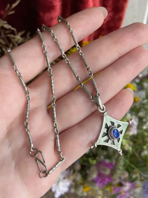 Vintage Sterling Silver 925 Women's Jewelry Chain Necklace Pendant Lapis Lazuli