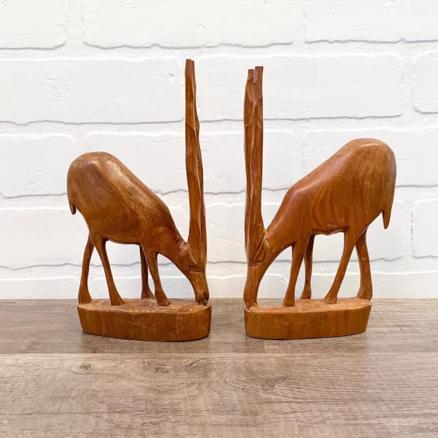 2 Vintage Hand Carved Wood Animal Figure Kudu Impala Antelope Gazelle Midcentury