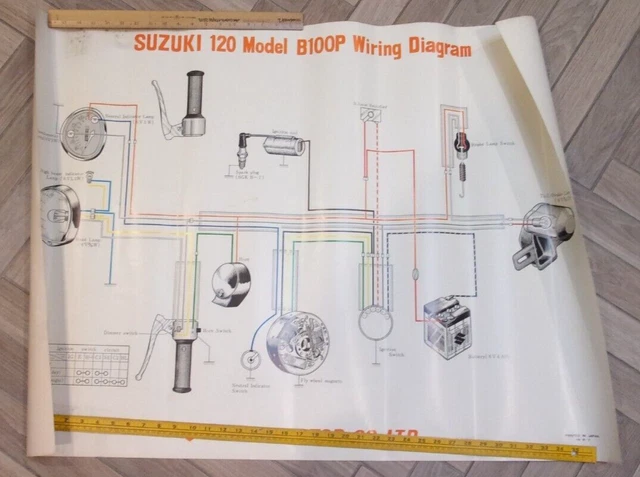 Suzuki 120 Model B100P motorcycle wiring diagram poster Japan 1960s VINTAGE