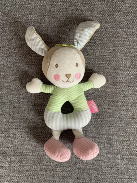 Doudou Hochet Lapin Blanc Bleu Vert Rose BABYSUN TBE