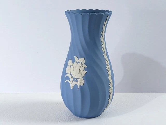 WEDGWOOD JASPER Ware Pale Blue & White Floral Fluted Vase , 21 cm