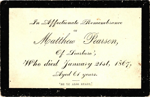 US Victorian 1867 Remembrance Mourning Card - Matthew Pearson of Scarboro.