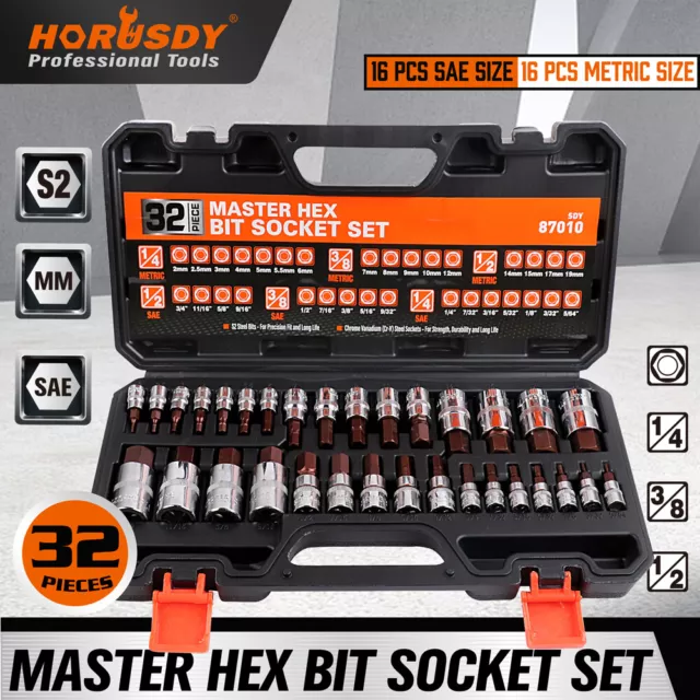 32pc Hex Allen Bit Socket Set 1/2" 3/8" 1/4" Drive Imperial Metric Storage Case