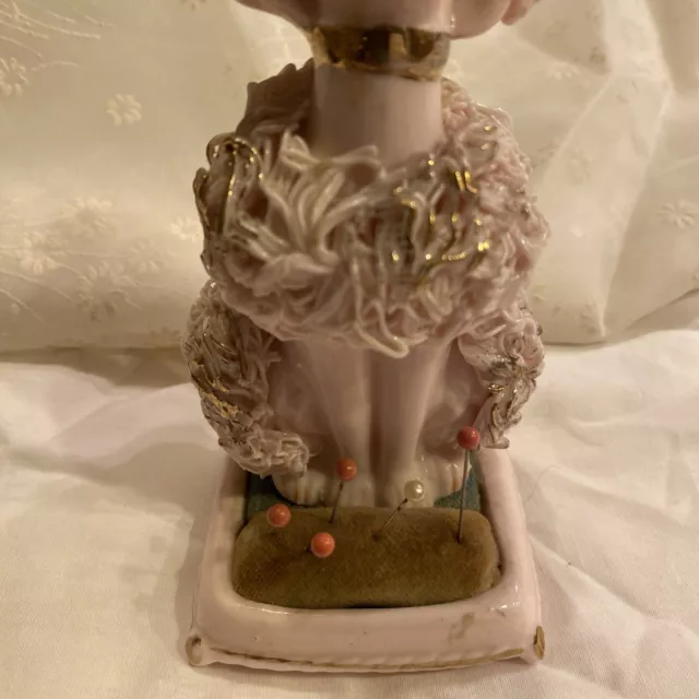 Ardalt Ceramic Pink Spaghetti Trim Poodle Pin Cushion Scissor Holder Figure Dog