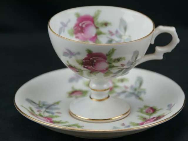 Lefton Japan Footed Demitasse Cup Saucer Moss Rose Footed