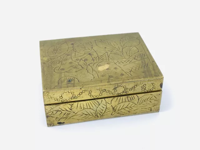 Vintage Chinese Brass Trinket Box Leaf Motif Humidor Wood Lined