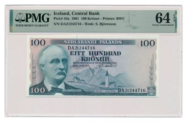 ICELAND banknote 100 Kronur 1961 PMG grade MS 64 EPQ Choice Uncirculated