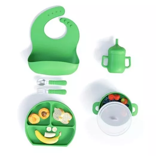 Silicone Baby Feeding Set with Plate, Bowl, and Utensils, BPA-Free, Green