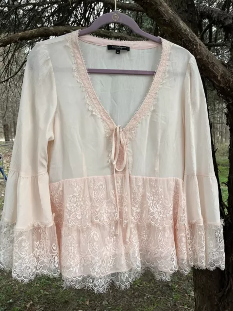 Nanette Lepore Women's Blouse Shirt Top Size 10 Light Pink Lace Flowy 100% Silk