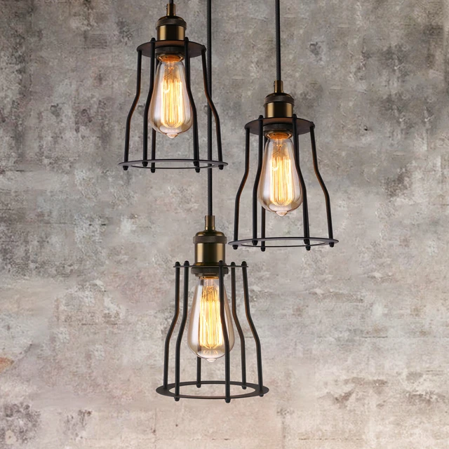 3X VINTAGE INDUSTRIAL Pendant Light Metal Cage E27 Restaurant