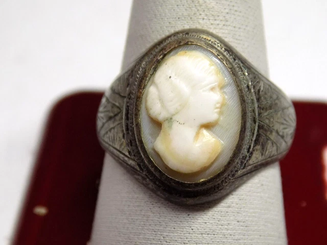 Sterling Silver Antique VERY OLD Cameo Ring Gorgeous Old Size 12 Large Ring