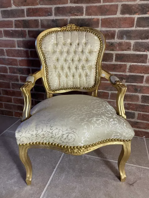 French Louis Style Shabby Chic Chair Light Gold Damask With Gold Frame 2