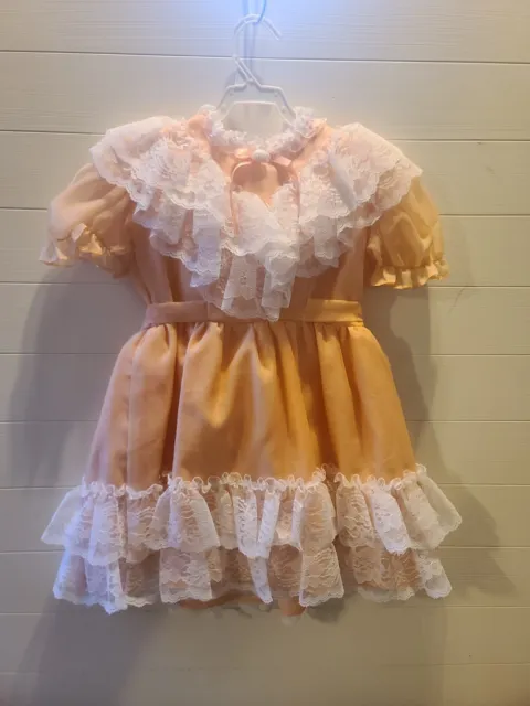 Vintage Little Princess Peach Lace Ruffle Pageant Dress Girls Sz 6 Easter Spin