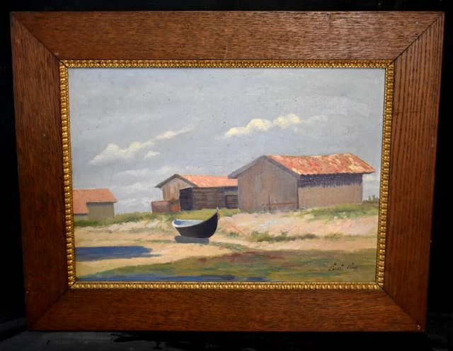 Tableau ancien huile bord de mer cabanes Arcachon signé Paul Roy XIXème