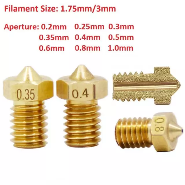 Nozzle Head 0.2mm to 1mm M6 Thread 1.75&3.0mm For V5 V6 3D Printer Extruder