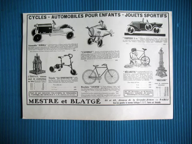 PUBLICITE DE PRESSE MESTRE ET BLATGé CYCLES AUTOMOBILES JOUETS SPORTIFS AD 1924