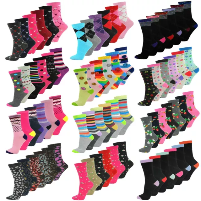 Ladies Womens Socks Cotton Blend Coloured Design 3 6 12 Pairs Adults 4-7