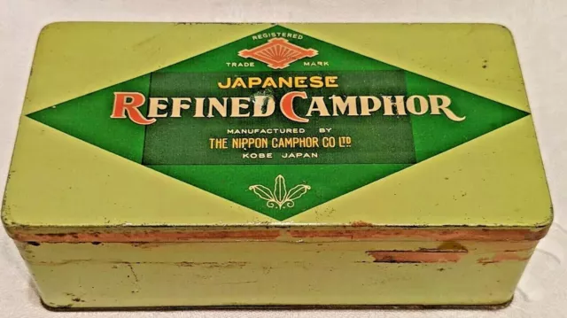 Vintage Japanese Refined Camphor Green Tin Nippon Co LTD Kobe Japan Visible Seal