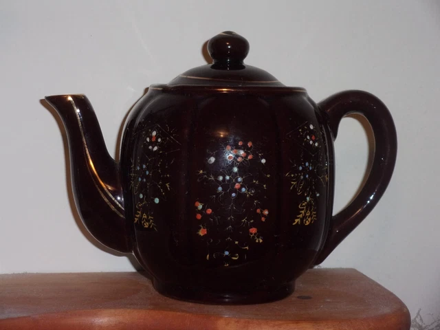 Vintage Brown Hand Painted Floral Ceramic Tea Pot With Lid Made In Japan