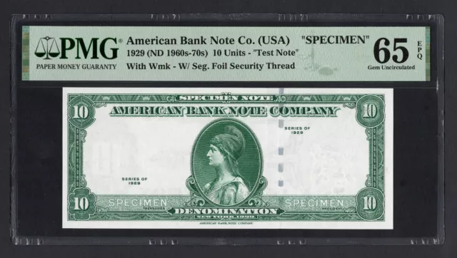 American Bank ABNC 10 Units 1929(ND1960s-70) Test Note Specimen UNC Grade 65