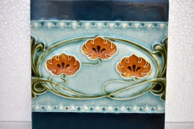 Antique Tile Art Nouveau Majolica Ceramic Porcelain England Floral Design "I101 3