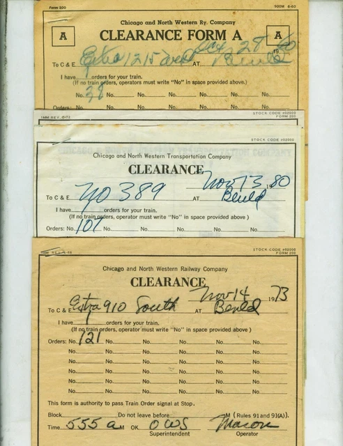Chicago & Northwestern Ry. Train Orders (18) Benld, Illinois  1960-1980.