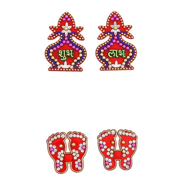 Traditional Acrylic Shubh Labh Sticker Laxmi Charan Paduk Color Pink For Wall