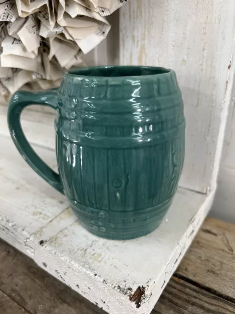 Vintage 1920-30's McCoy Mug #4 Green Stoneware Barrel Shaped Rustic Farmhouse