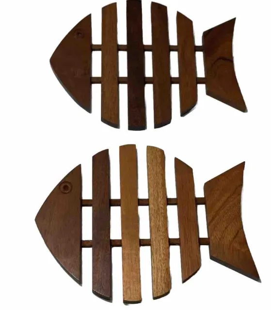 Vintage Tullio Bottino Brazil MCM Hard Wood Trivet Fish Hand Crafted Lot Of 2