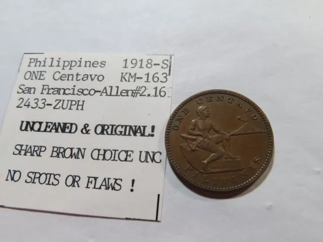 C82 Philippines 1918-S Centavo, Sharp Brown UNC