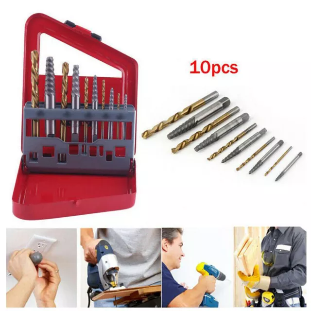 10 pc Set Screw Extractor Kit Remove Broken Bolts Fasteners Easy Out Drill Bit