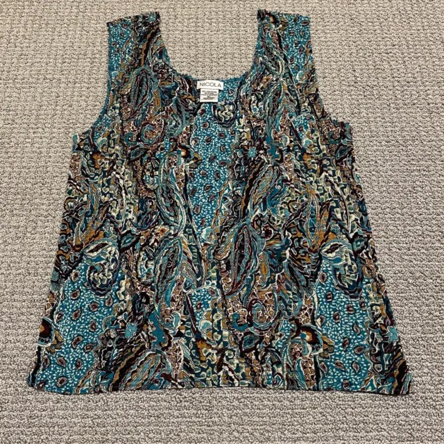 NICOLA Top Womens XL Blue Green Floral Crinkle Pleated Stretch Tank Size XL