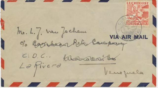 CURACAO 1940 20 C Airmail issue single postage on VF re-directed cover VENEZUELA