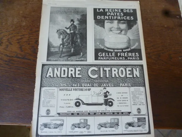 CITROEN 10 HP 13 + CHEVALIER D'ORSAY + GELLE  publicité papier ILLUSTRATION 1919