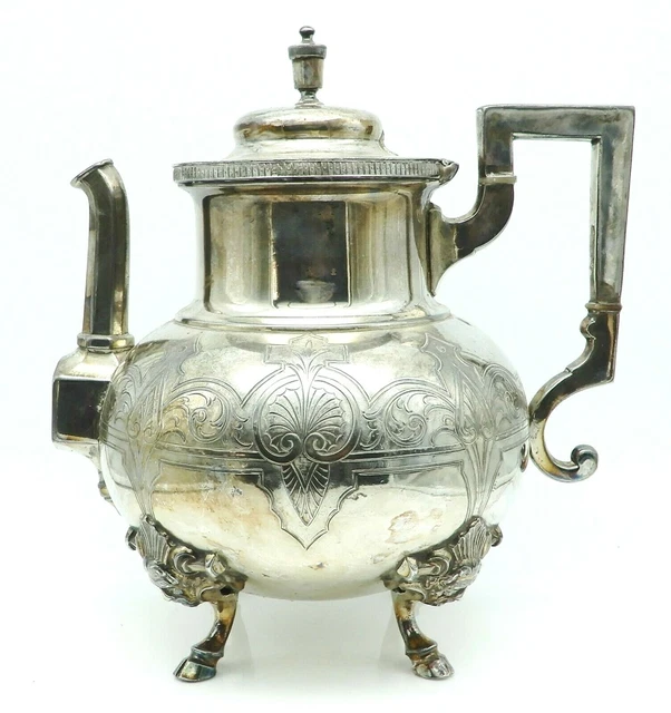 Antique MERIDEN Silver Plate Aesthetic Teapot Hoof & Faces Legs Footed