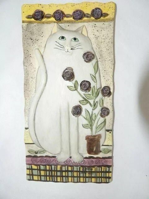 E Smithson Snow Rose Cat Plaque 8" x 4" Resin