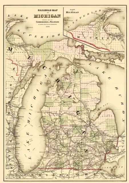 Michigan Railroad Map - Gray 1876 - 23.00 x 32.58