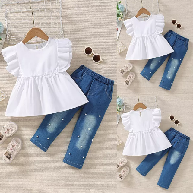 Kids Ruffled Tops Pants Set Outfits Girls Short Sleeve T Shirt Jeans Clothes
