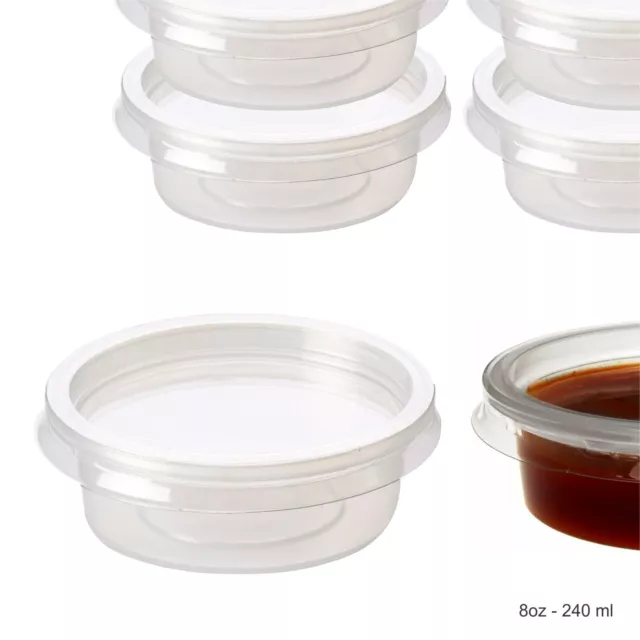 240 ml Round Food Containers with Lids Plastic Deli Pots Sauce Dip Chutney 8 oz