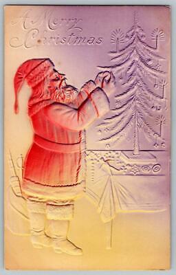 1908 Santa Claus Trimming Tree Airbrushed Intricate Embossed Christmas Postcard*