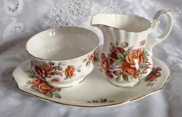 Royal Albert Centennial Rose Creamer, Sugar & Tray set, Bone China, England