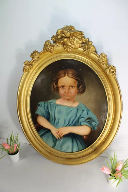 Antique french oil Cardboard portrait girl painting 19thc