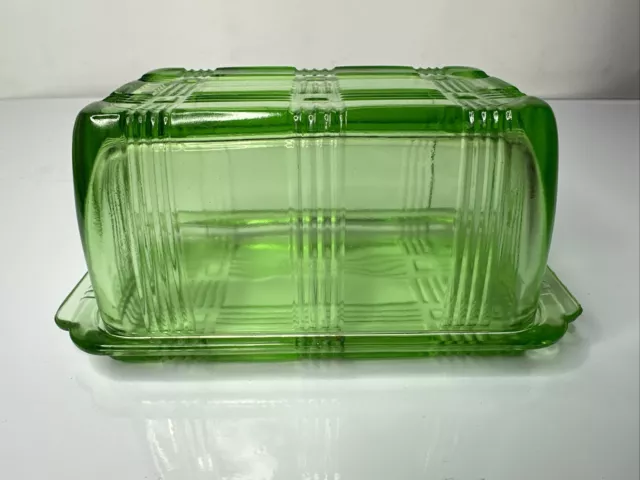 Vintage Hazel Atlas Glass Criss Cross  Butter Dish With Lid~Tab Handles - Green