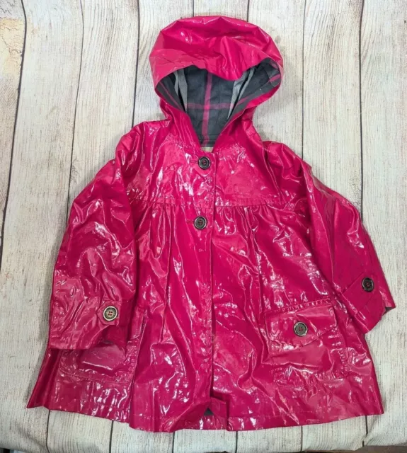 Burberry Baby Girl Rain Coat Hot Pink Coated W/Gray Nova Check Lining Size 2