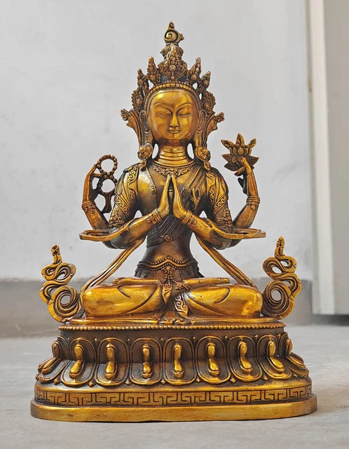 30cm Tibet Buddhism Bronze gilt 4 Arms Chenrezig Kwan-yin Guanyin Buddha Statues
